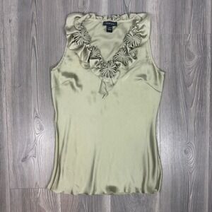 Spense Sage Green Satin Sleeveless Blouse Vneck Ruffle Floral Neckline - SIZE S